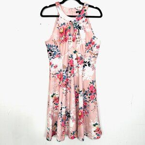 Roz & Ali Pink Floral Fit and Flare Stretch Dress 10 Medium